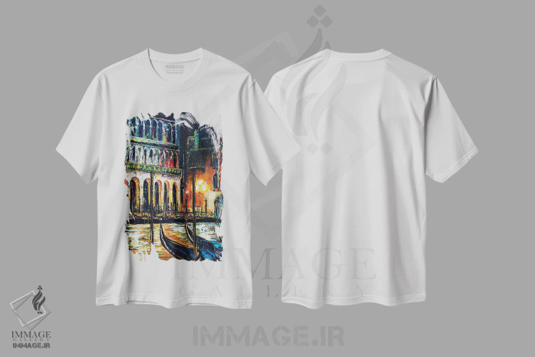 تیشرت سفید طرح دار ونیز؛ کانال بزرگ در شب، هنر فاخر معاصر اثر ناتاشا میلیوس | فروشگاه ایماژ