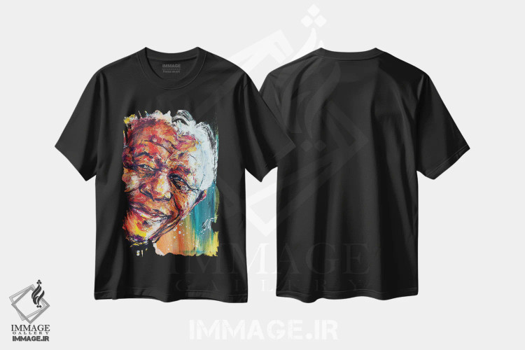 تیشرت مشکی طرح دار نلسون ماندلا، هنر آمریکایی آفریقایی تبار اثر ناتاشا میلیوس | فروشگاه ایماژ