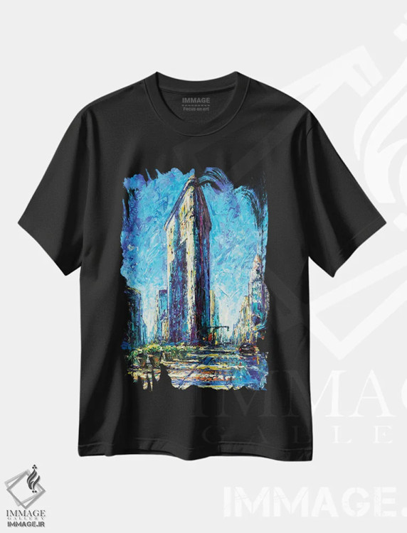 تیشرت مشکی طرح دار ساختمان فلت آیرون، دکور معاصر اثر ناتاشا میلیوس | فروشگاه ایماژ