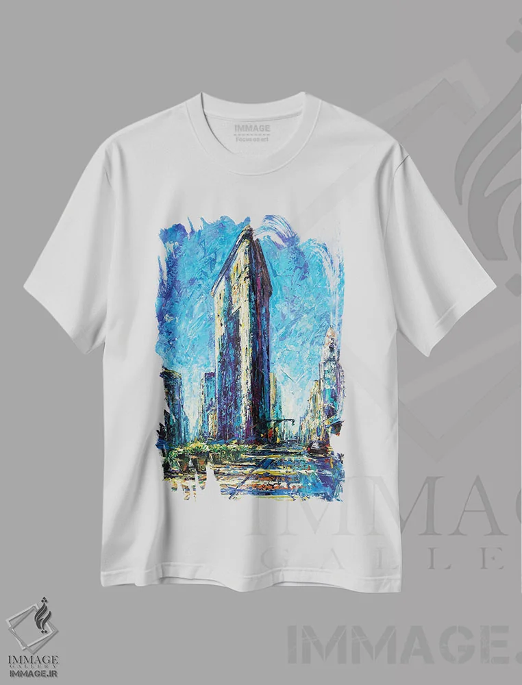 تیشرت سفید طرح دار ساختمان فلت آیرون، دکور معاصر اثر ناتاشا میلیوس | immage.ir