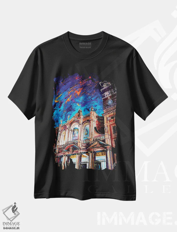 تیشرت مشکی طرح دار کلیسای سانتا ماریا ماجوره، دکور معاصر اثر ناتاشا میلیوس | فروشگاه ایماژ