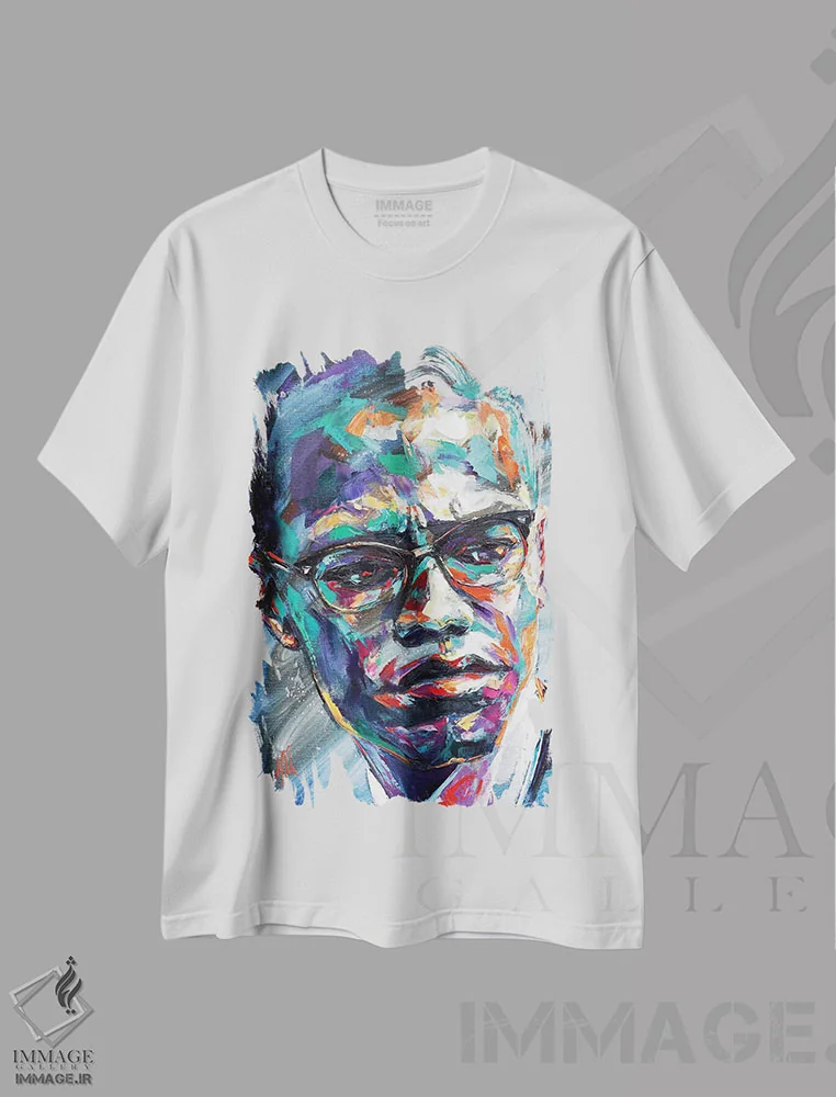 تیشرت سفید طرح دار مالکوم ایکس، هنر فاخر معاصر اثر ناتاشا میلیوس | immage.ir