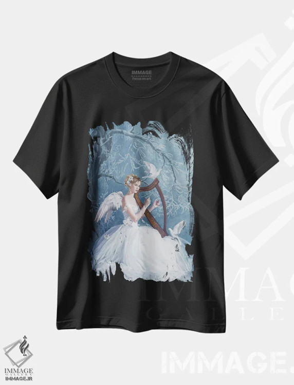 تیشرت مشکی طرح دار کر آگنه با چنگ و کبوتر، هنر دیجیتال اثر نه نه توماس | immage.ir