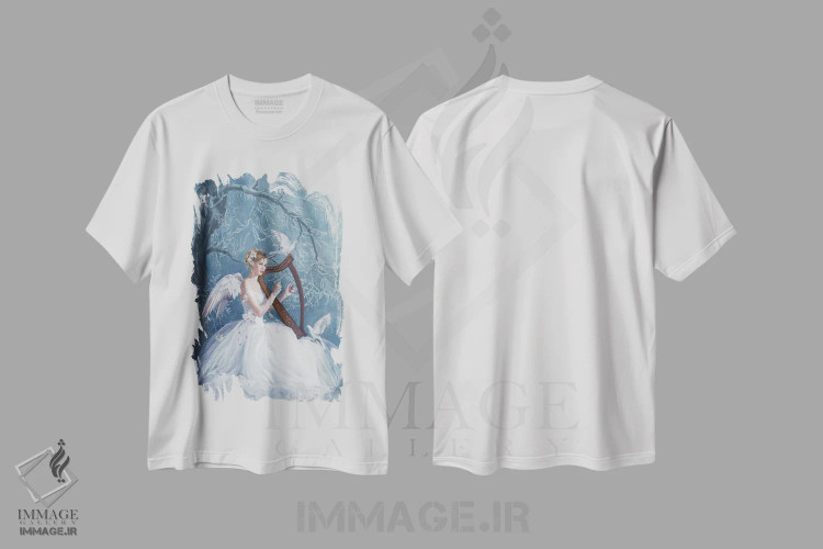 تیشرت سفید طرح دار کر آگنه با چنگ و کبوتر، هنر دیجیتال اثر نه نه توماس | فروشگاه ایماژ
