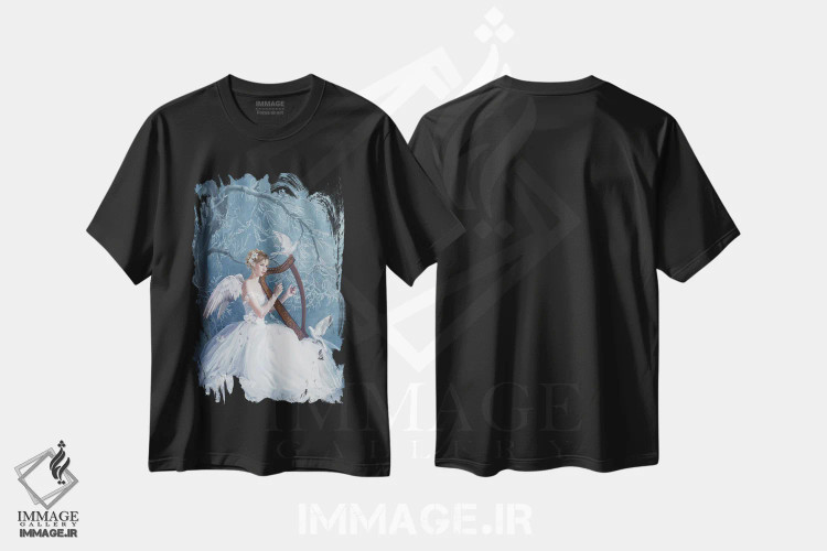 تیشرت مشکی طرح دار کر آگنه با چنگ و کبوتر، هنر دیجیتال اثر نه نه توماس | immage.ir