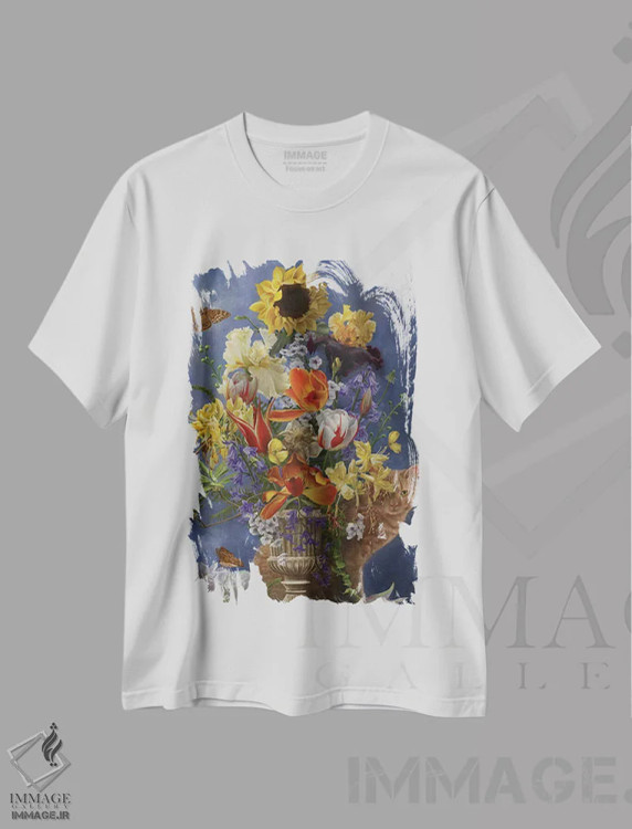 تیشرت سفید طرح دار طبیعت بی جان طلایی، هنر دیجیتال اثر نه نه توماس | immage.ir