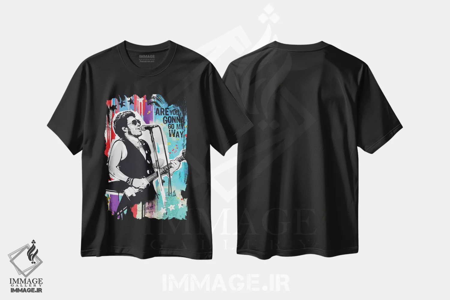 تیشرت مشکی طرح دار پاپ آرت لنی کراویتز، هنر آمریکایی آفریقایی تبار اثر ۲ توست دیزاین | فروشگاه ایماژ