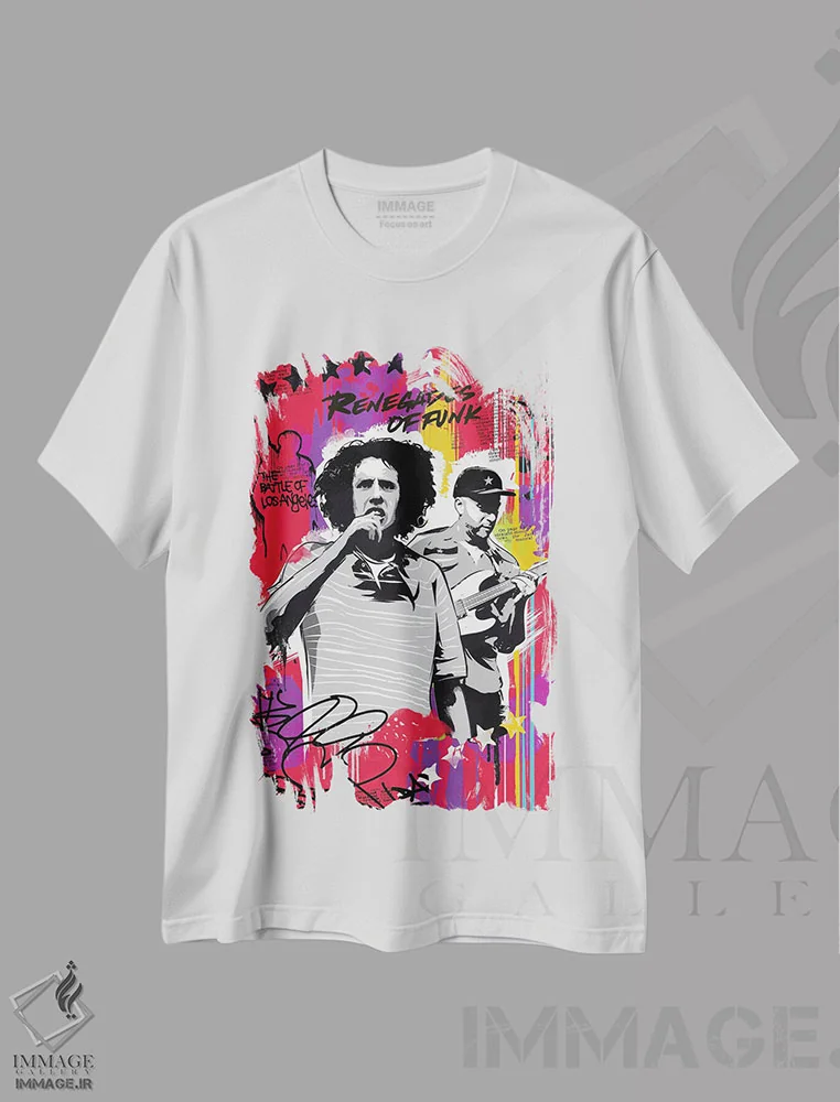 تیشرت سفید طرح دار هنر ریج اگینست د ماشین، هنر فاخر معاصر اثر ۲ توست دیزاین | فروشگاه ایماژ