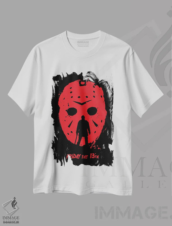 تیشرت سفید طرح دار هنر فیلم جمعه سیزدهم، هنر دیجیتال اثر ۲ توست دیزاین | immage.ir