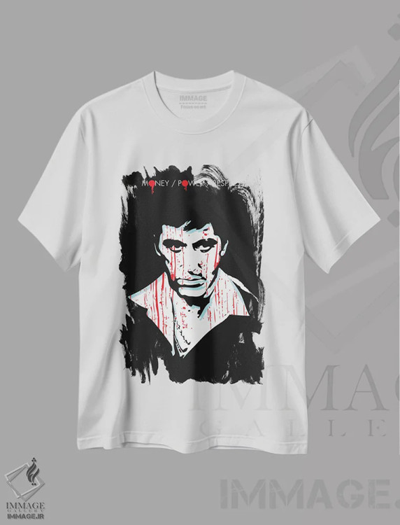 تیشرت سفید طرح دار هنر فیلم صورت زخمی، هنر دیجیتال اثر ۲ توست دیزاین | immage.ir