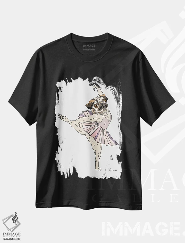 تیشرت مشکی طرح دار Pug,سگ پاگ با دامن بالرین، هنر دیجیتال اثر نوتسنیو آرت | فروشگاه ایماژ