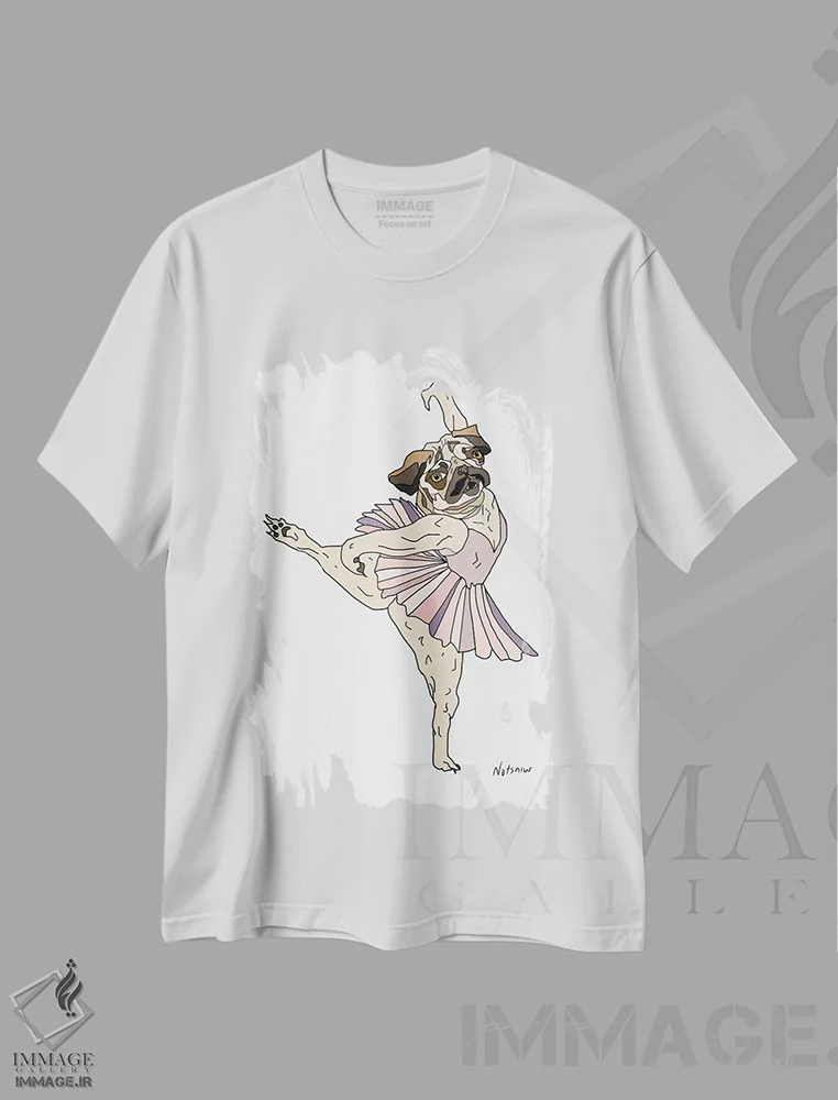 تیشرت سفید طرح دار Pug,سگ پاگ با دامن بالرین، هنر دیجیتال اثر نوتسنیو آرت | immage.ir