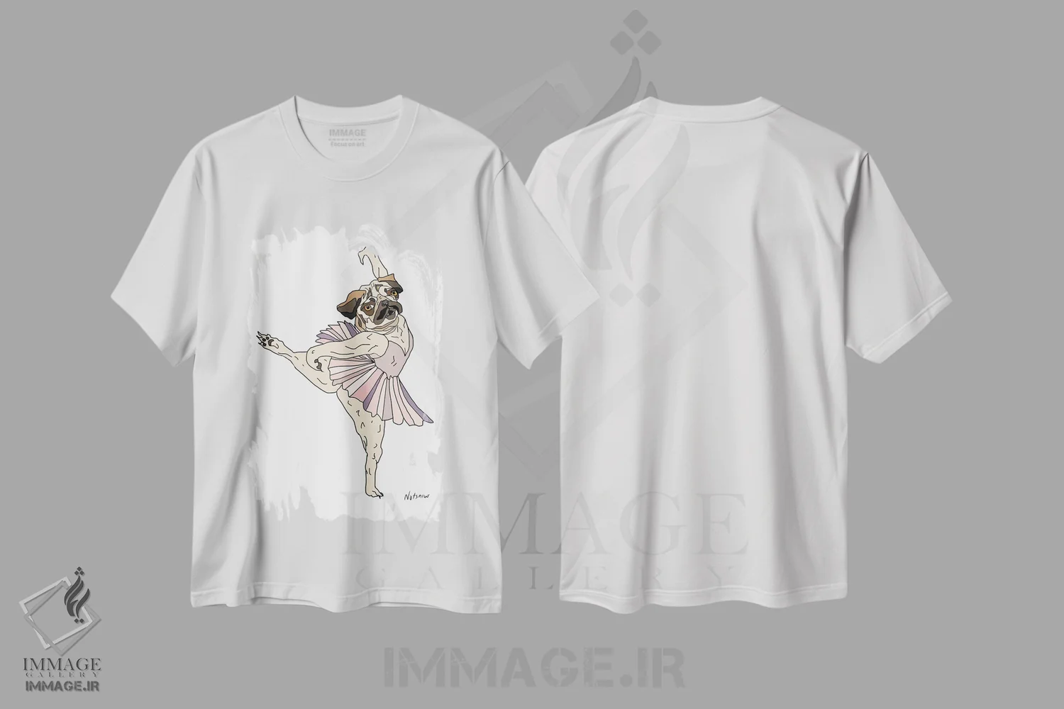 تیشرت سفید طرح دار Pug,سگ پاگ با دامن بالرین، هنر دیجیتال اثر نوتسنیو آرت | immage.ir
