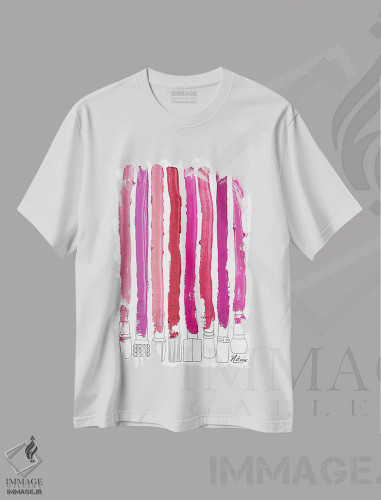 تیشرت سفید طرح دار خطوط رژگونه ای گلدار صورتی-قرمز، هنر دیجیتال اثر نوتسنیو آرت | فروشگاه ایماژ