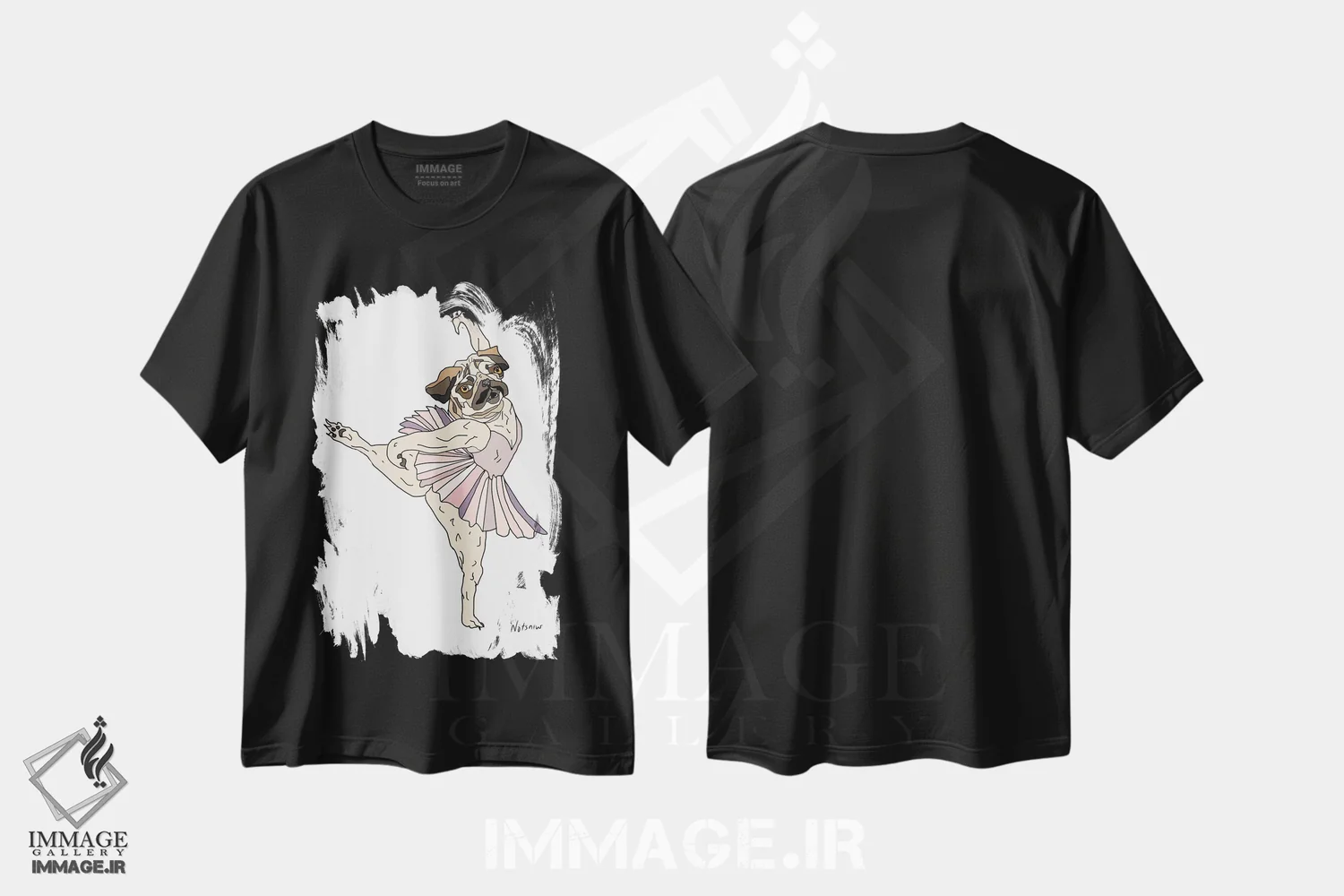 تیشرت مشکی طرح دار Pug,سگ پاگ با دامن بالرین، هنر دیجیتال اثر نوتسنیو آرت | فروشگاه ایماژ