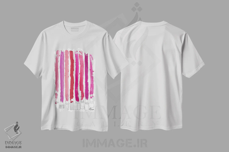 تیشرت سفید طرح دار خطوط رژگونه ای گلدار صورتی-قرمز، هنر دیجیتال اثر نوتسنیو آرت | فروشگاه ایماژ