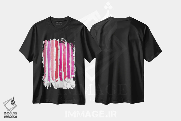 تیشرت مشکی طرح دار خطوط رژگونه ای گلدار صورتی-قرمز، هنر دیجیتال اثر نوتسنیو آرت | immage.ir