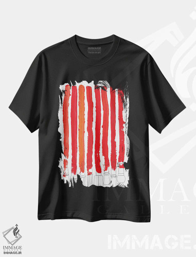 تیشرت مشکی طرح دار خطوط رژگونه ای قرمز، تزئینی اثر نوتسنیو آرت | فروشگاه ایماژ