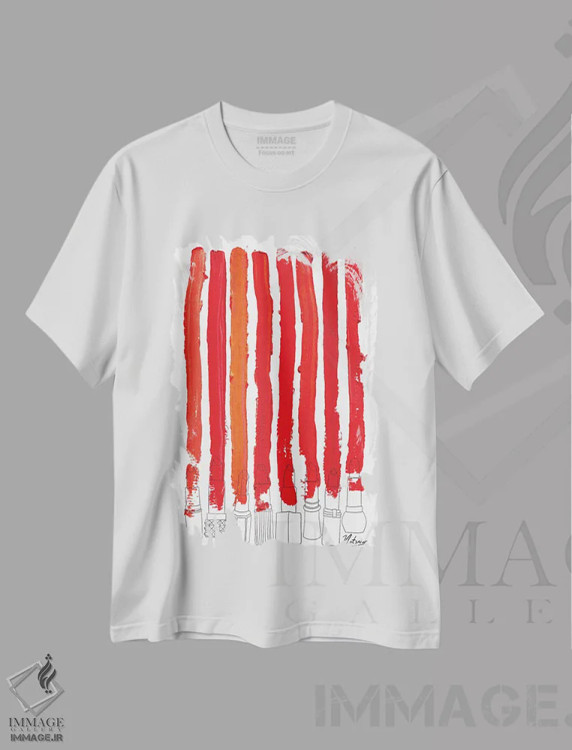 تیشرت سفید طرح دار خطوط رژگونه ای قرمز، تزئینی اثر نوتسنیو آرت | immage.ir