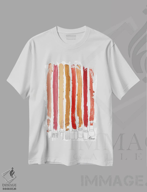 تیشرت سفید طرح دار خطوط رژگونه ای قرمز و نارنجی و طلایی پاییزی، تزئینی اثر نوتسنیو آرت | فروشگاه ایماژ
