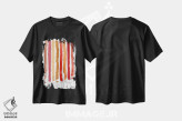 تیشرت مشکی طرح دار خطوط رژگونه ای قرمز و نارنجی و طلایی پاییزی، تزئینی اثر نوتسنیو آرت | immage.ir