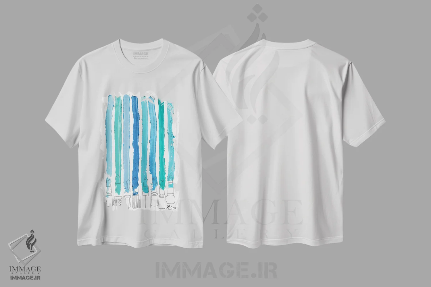 تیشرت سفید طرح دار خطوط رژگونه ای آبی و فیروزه ای، تزئینی اثر نوتسنیو آرت | فروشگاه ایماژ