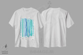 تیشرت سفید طرح دار خطوط رژگونه ای آبی و فیروزه ای، تزئینی اثر نوتسنیو آرت | فروشگاه ایماژ