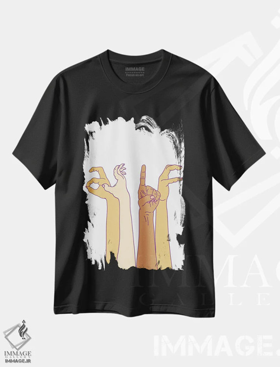 تیشرت مشکی طرح دار علامت های دست گویا "مثلاً"، تزئینی اثر نوتسنیو آرت | فروشگاه ایماژ