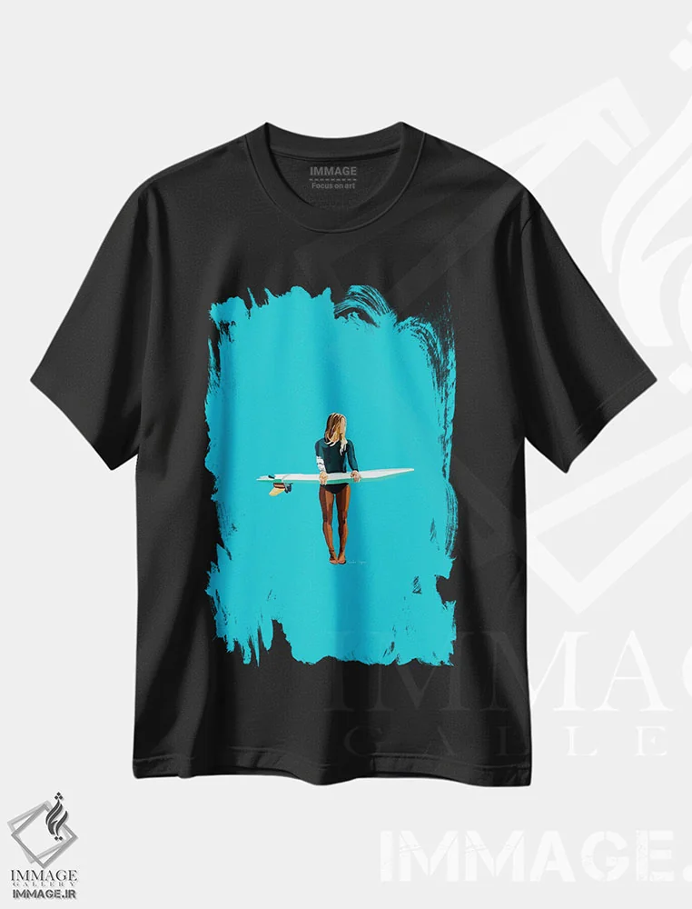 تیشرت مشکی طرح دار موج سوار فیروزه ای، دکور ساحلی اثر آملیا نویز | فروشگاه ایماژ