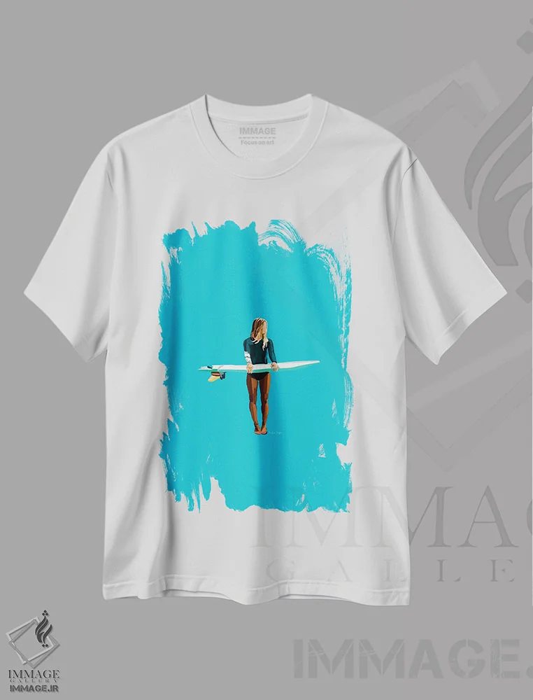 تیشرت سفید طرح دار موج سوار فیروزه ای، دکور ساحلی اثر آملیا نویز | immage.ir