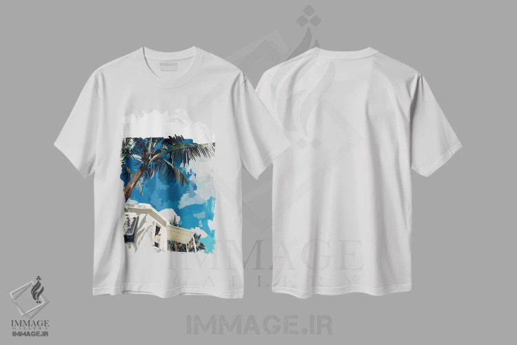 تیشرت سفید طرح دار چشم انداز استوایی، تزئینی اثر آملیا نویز | فروشگاه ایماژ