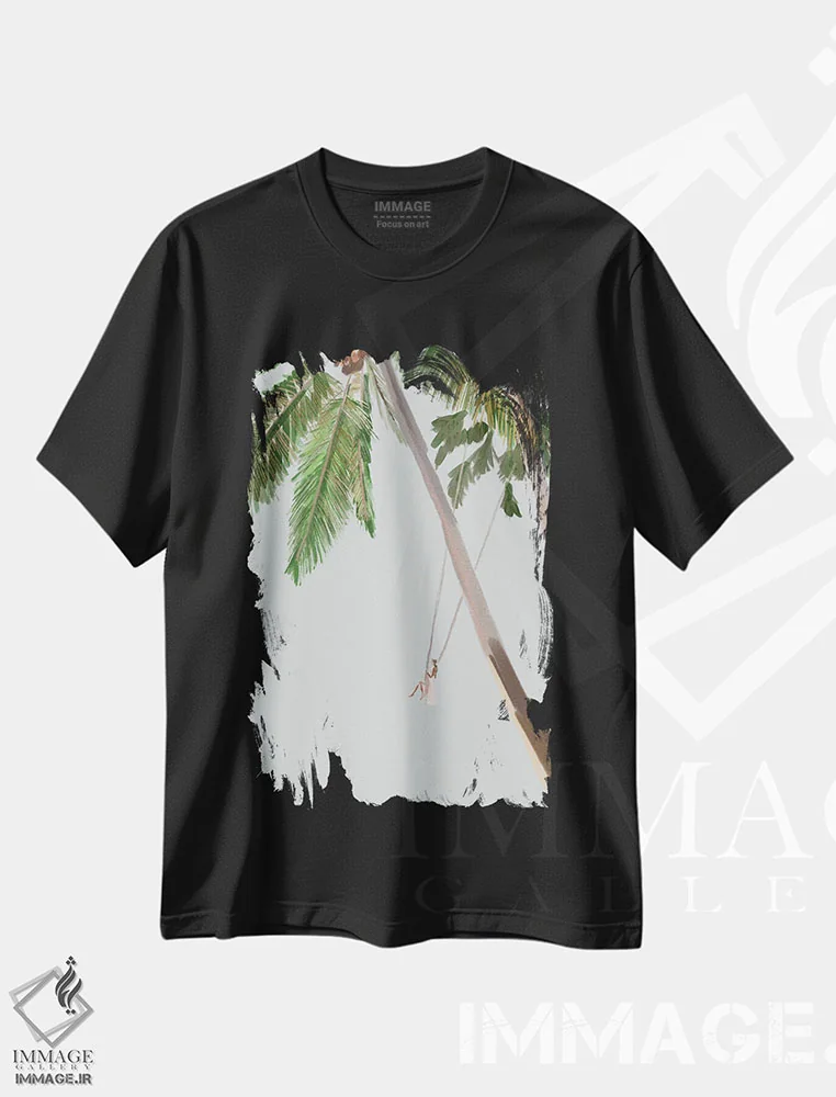 تیشرت مشکی طرح دار تاب پرنده، دکور ساحلی اثر آملیا نویز | فروشگاه ایماژ