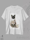 تیشرت سفید طرح دار گربه و قهوه، تزئینی اثر آملیا نویز | فروشگاه ایماژ