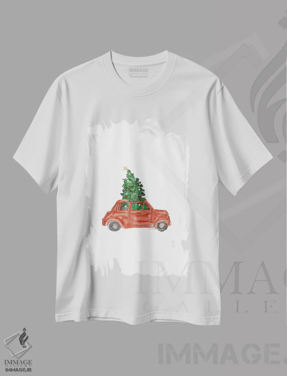 تیشرت سفید طرح دار ماشین و درخت کریسمس، تزئینی اثر آملیا نویز | فروشگاه ایماژ