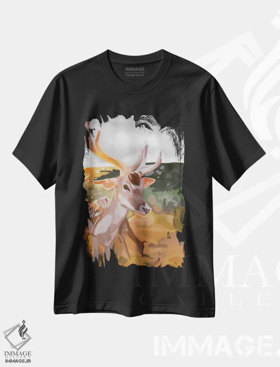تیشرت مشکی طرح دار گوزن، دکور کلبه و لژ اثر آملیا نویز | فروشگاه ایماژ