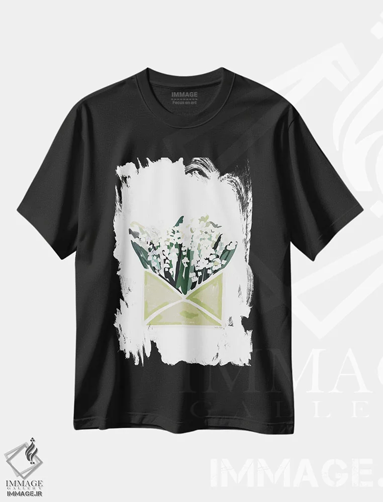 تیشرت مشکی طرح دار پاکت گلدار، تزئینی اثر آملیا نویز | فروشگاه ایماژ