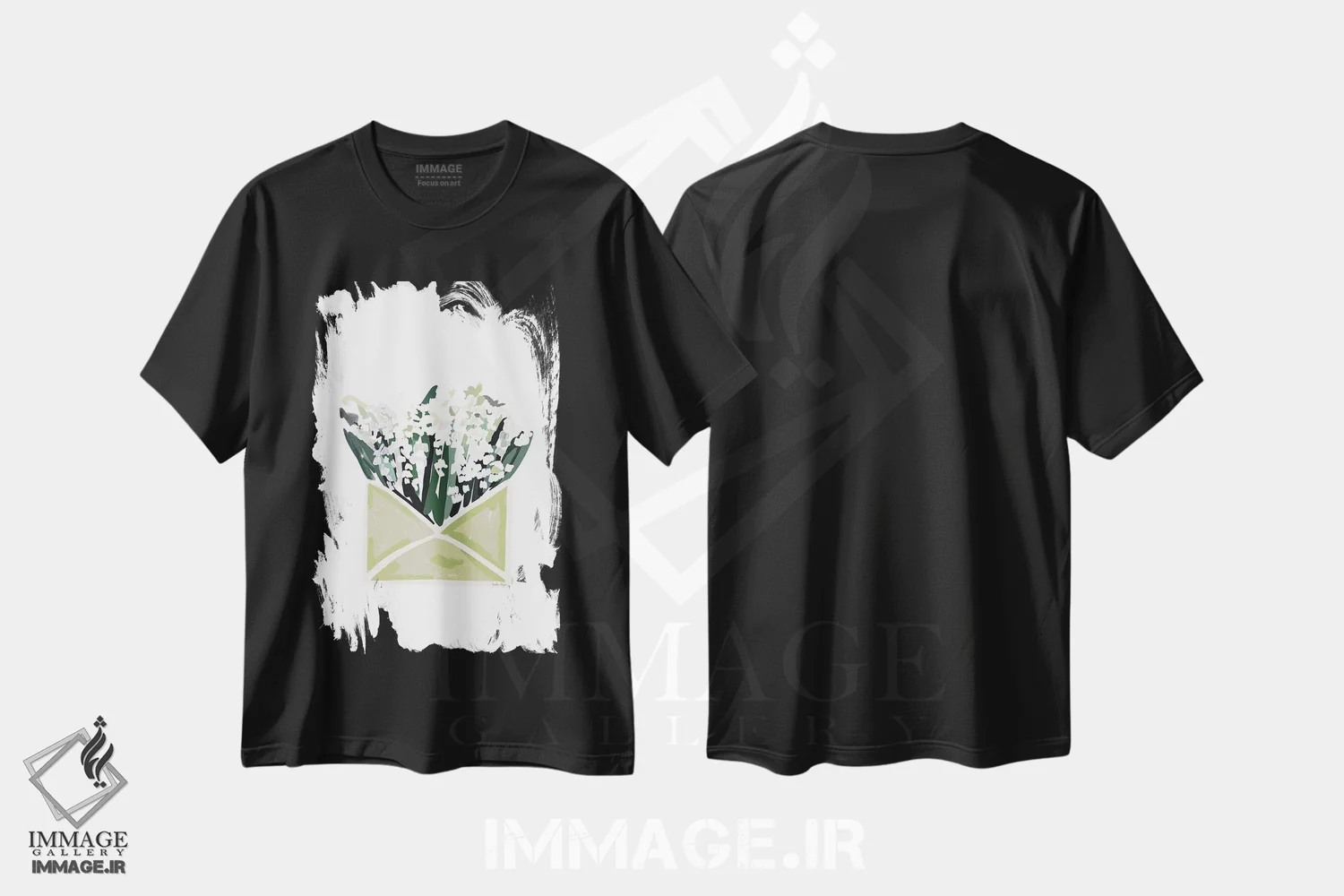 تیشرت مشکی طرح دار پاکت گلدار، تزئینی اثر آملیا نویز | فروشگاه ایماژ