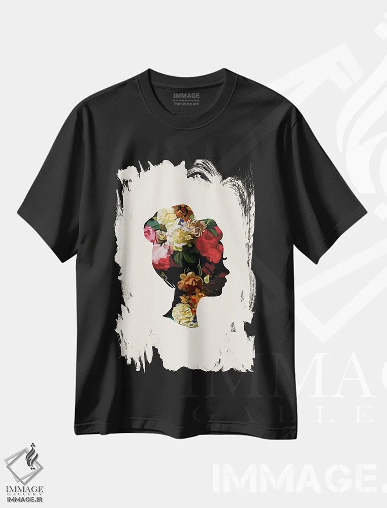 تیشرت مشکی طرح دار سر با گل I، هنر آمریکایی آفریقایی تبار اثر آملیا نویز | فروشگاه ایماژ