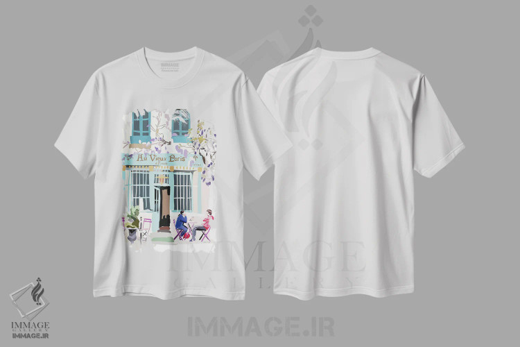 تیشرت سفید طرح دار کافه فرانسوی، تزئینی اثر آملیا نویز | فروشگاه ایماژ