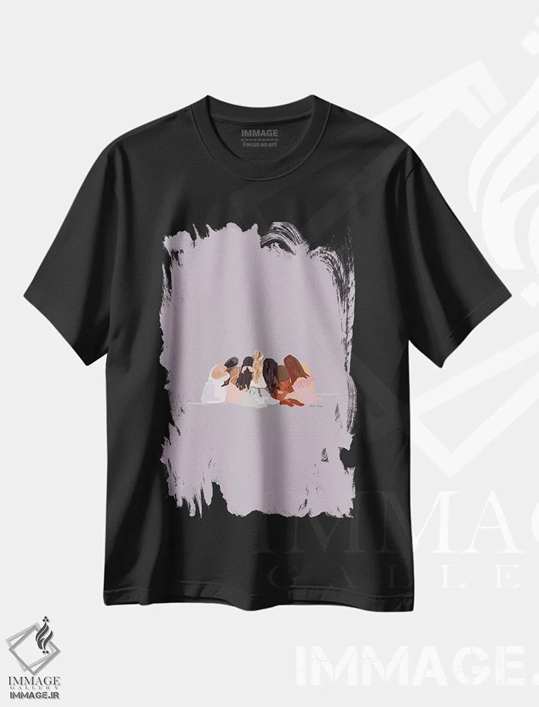 تیشرت مشکی طرح دار دوستان نشسته، هنر آمریکایی آفریقایی تبار اثر آملیا نویز | فروشگاه ایماژ