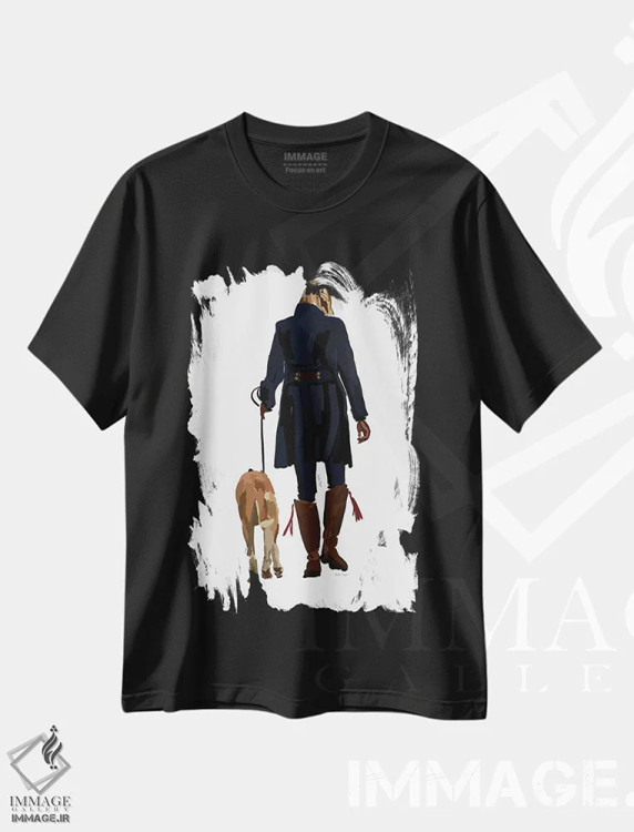 تیشرت مشکی طرح دار دختر در حال پیاده روی با سگ، تزئینی اثر آملیا نویز | فروشگاه ایماژ