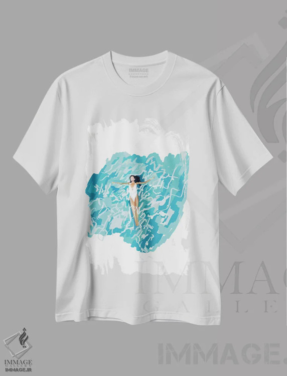 تیشرت سفید طرح دار دختر شناور، تزئینی اثر آملیا نویز | فروشگاه ایماژ