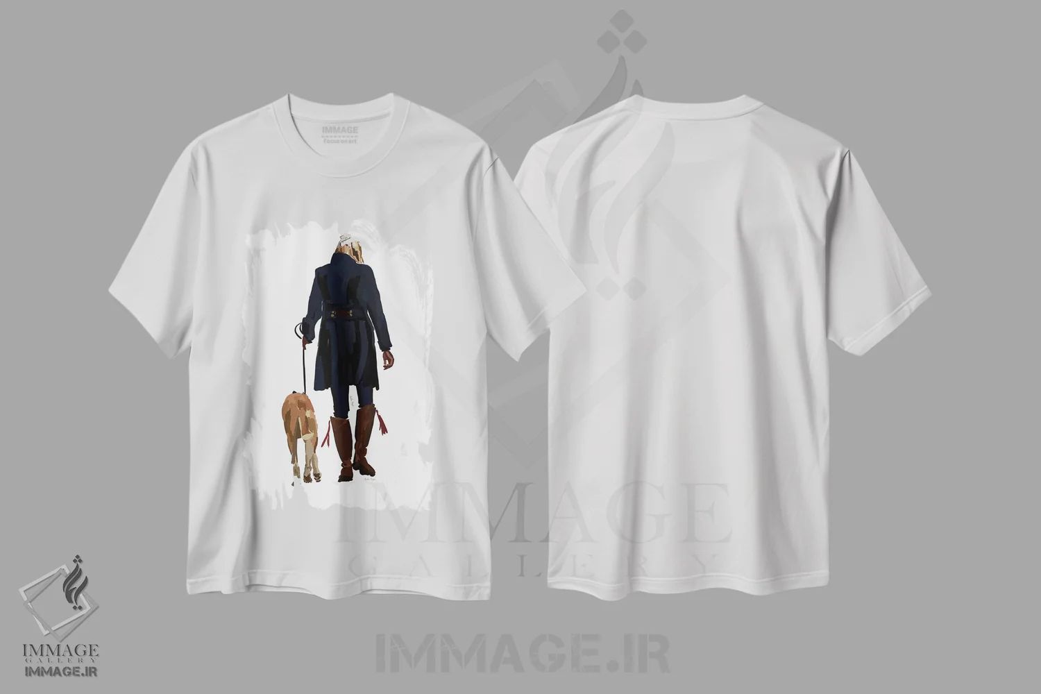 تیشرت سفید طرح دار دختر در حال پیاده روی با سگ، تزئینی اثر آملیا نویز | immage.ir