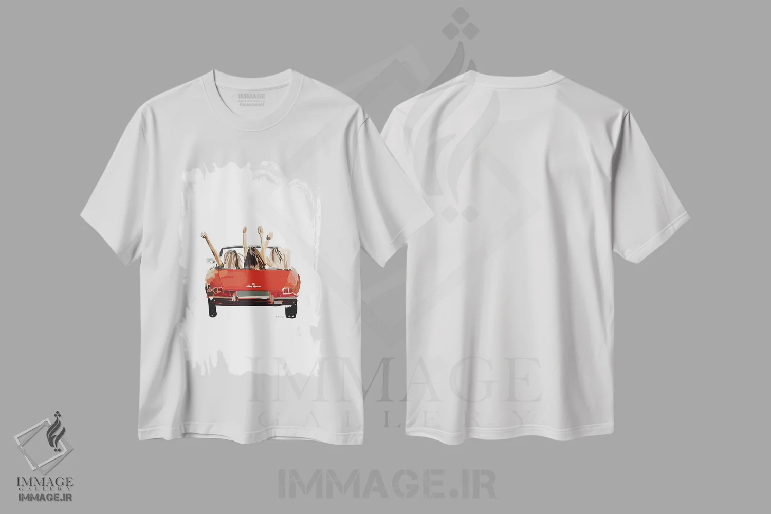 تیشرت سفید طرح دار ماشین دوستان دختر، تزئینی اثر آملیا نویز | immage.ir