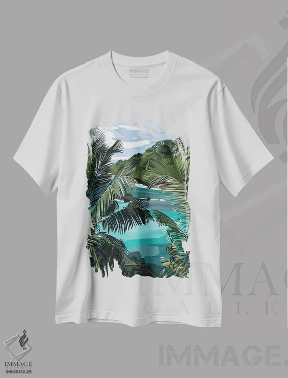تیشرت سفید طرح دار نخل ها، دکور ساحلی اثر آملیا نویز | immage.ir