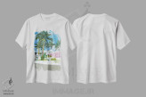 تیشرت سفید طرح دار چشم انداز نخل ها، تزئینی اثر آملیا نویز | فروشگاه ایماژ
