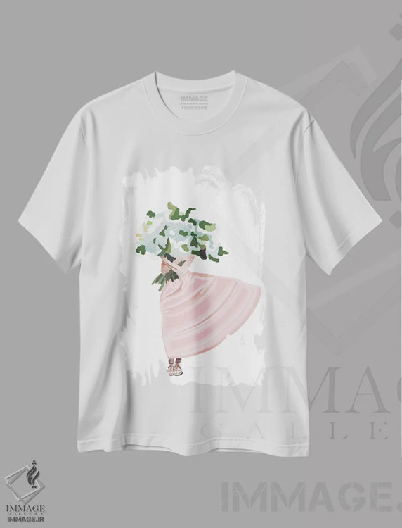 تیشرت سفید طرح دار پیراهن با گل های صورتی، تزئینی اثر آملیا نویز | فروشگاه ایماژ