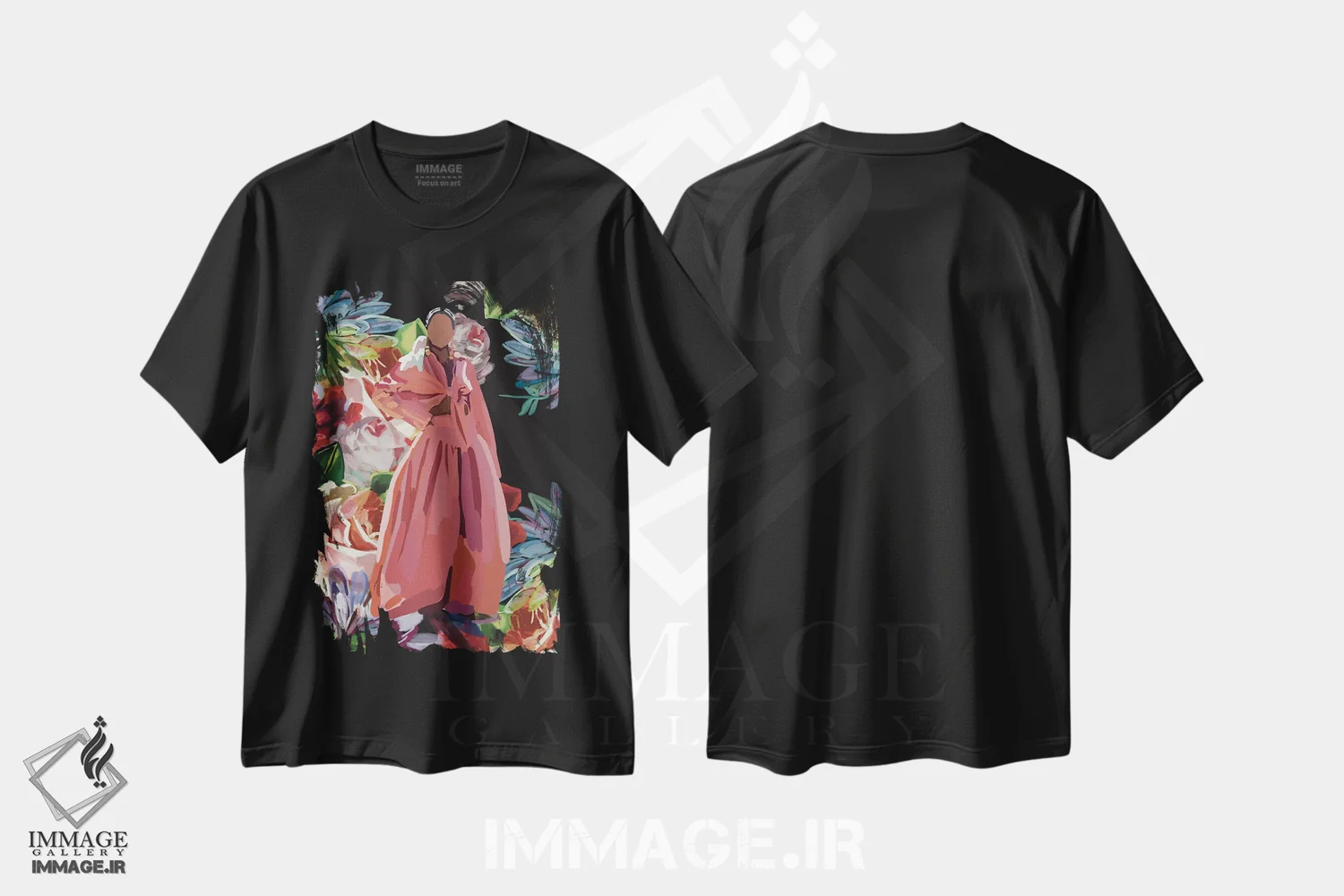 تیشرت مشکی طرح دار گلدار صورتی، هنر آمریکایی آفریقایی تبار اثر آملیا نویز | فروشگاه ایماژ