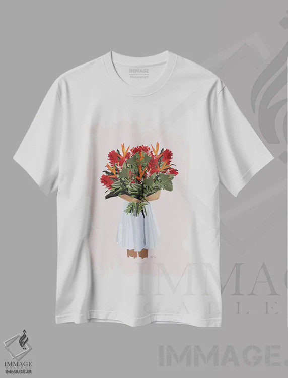 تیشرت سفید طرح دار گل های قرمز، تزئینی اثر آملیا نویز | فروشگاه ایماژ