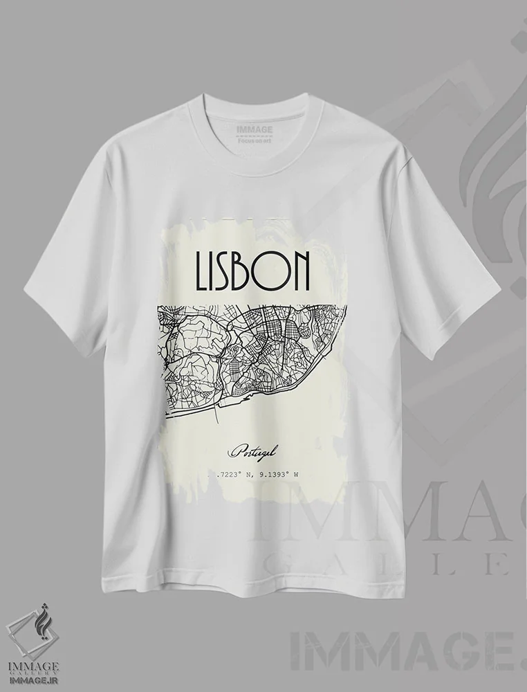 تیشرت سفید طرح دار نقشه شهر لیسبون، تزئینی اثر نوردیک پرینت استودیو | فروشگاه ایماژ